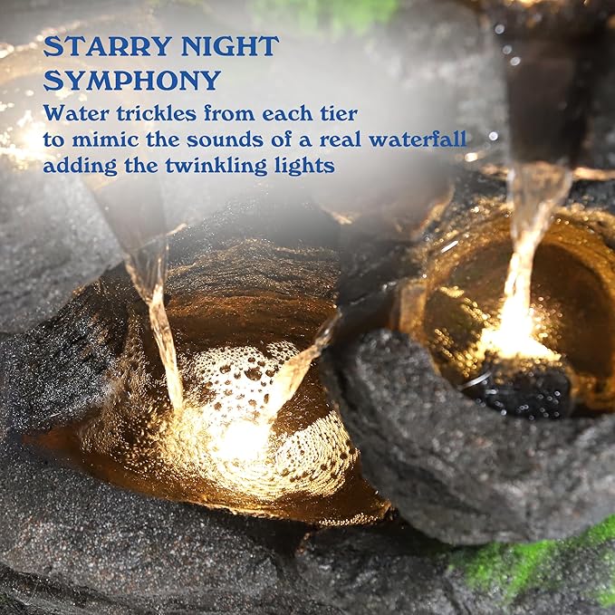 40''H Outdoor Water Fountain - Garden Rock Waterfall Fountains, Outdoor/Indoor Floor Standing Resin Water Fountain with 10 LED Light for Patio, Garden and Backyard, Deck, Porch, Home