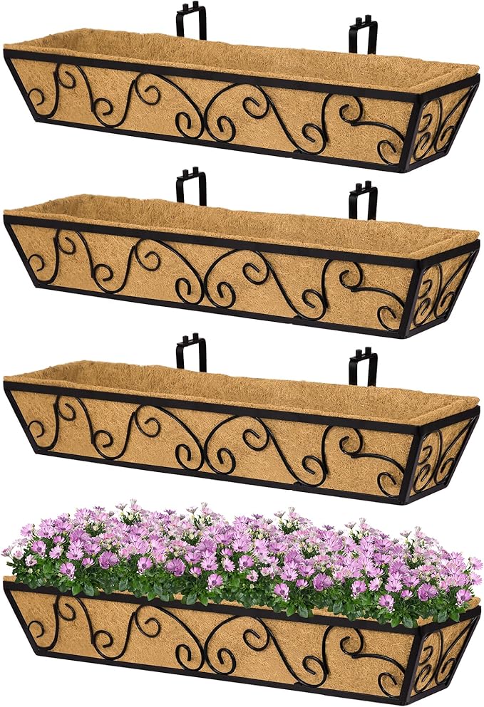 Y&M 30 Inch Butterfly Window Deck with Coco Liner, Fence Metal Hanging Flower Planter Window Basket Deck Railing Planter Boxes for Outdoor Garden Lawn 4pcs