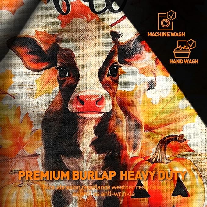 Halloween Howdy Fall Cute Cow Burlap Garden Flag,12x18 Inch Double Sided Pumpkins Maple Leaf Outside Small Yard Outdoor Flags, Holiday Autumn Thanksgiving Seasonal Porch Decoration