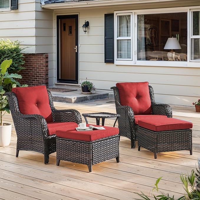 Belord Outdoor Furniture Set Patio Wicker Chairs, 3 Peices Porch Rattan Furniture with Side Table, Deep Seating Patio Bistro Chair Sets (Red Cushion)