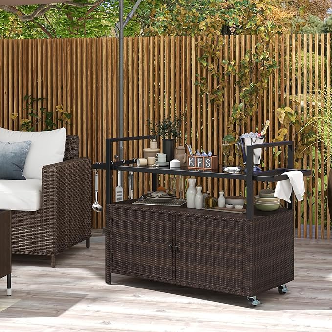 Tangkula Outdoor Bar Cart, Patiojoy Rolling Wicker Buffet Serving Cart with Tempered Glass Top, Storage Cabinet & 8 Hooks, Kitchen Island Cart on Wheels for Porch Backyard Garden Poolside (Mix Brown)