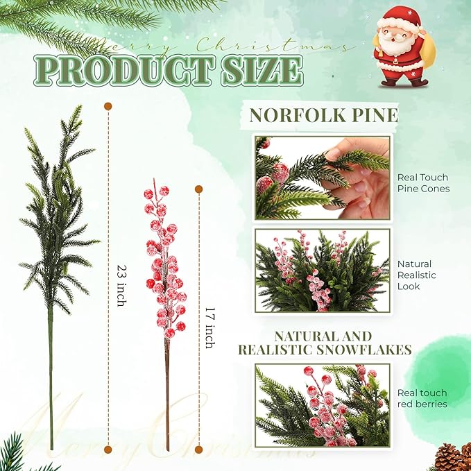 24 Pcs 23 Inch Christmas Realistic Norfolk Pine Branch Set with Red Berry Stems Artificial Green Plants Branches Faux Greenery Stem Fake Cedar Picks for Vase DIY Garland Wreath Home Decor