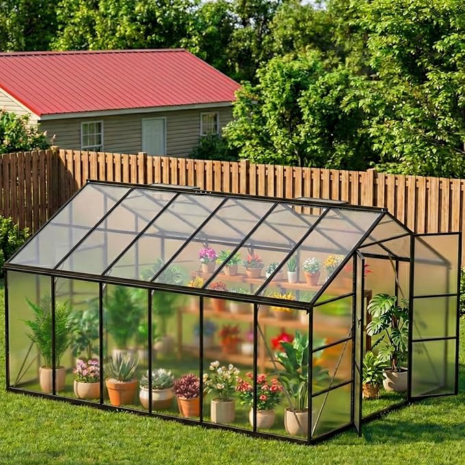 10X12 FT Greenhouse for Outdoors, Polycarbonate Walk-in Green House for Outside, Heavy Duty Garden, Patio, Backyard Flower Planting