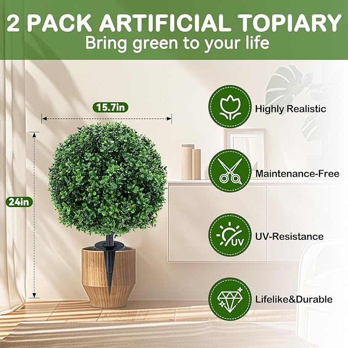 ENVEN Artificial Topiary Ball Tree Outdoor Plants with Ground Spike 22"- UV Resistant Faux Shrubs, Eucalyptus Fake Plants for Indoor & Garden, Yard, Porch, Patio Decor (Green Boxwood)