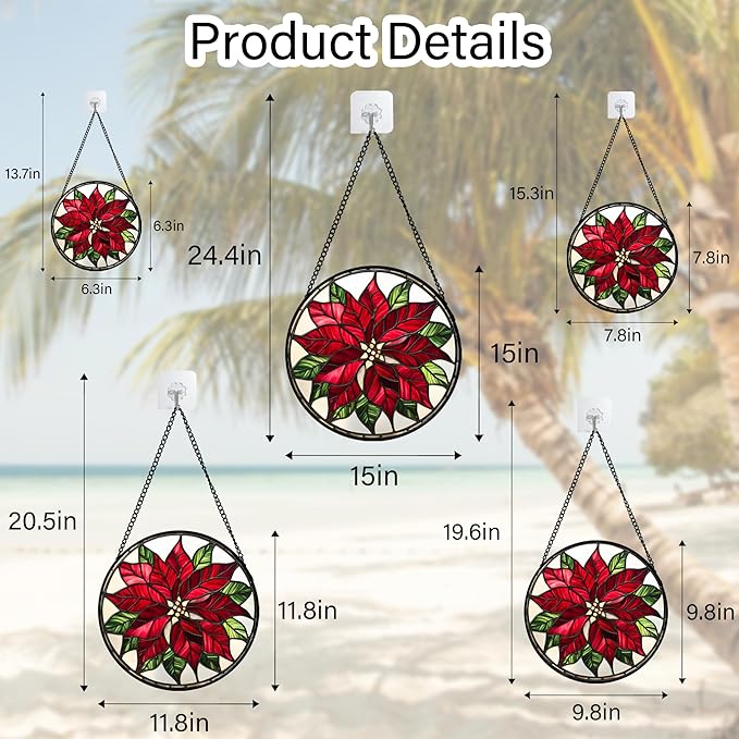 Stained Glass Window Hanging - Red Poinsettia Birth Flower Suncatcher for Door Garden Yard Sun Catchers Decor Christmas Mother's Day Birthday Gifts for Women Mom Nana Friend Men 11.8 in