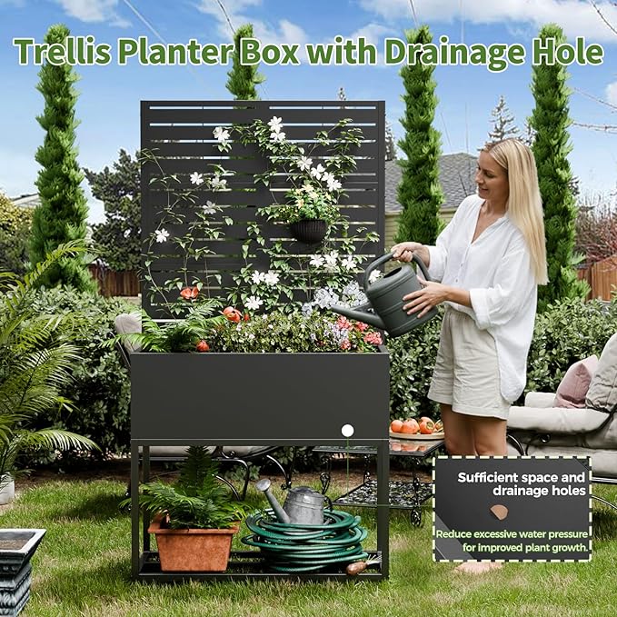 Metal Planter Box with Trellis,67" H x35 W Raised Garden Beds with Privacy Screen for Climbing Plants Flower, Elevated Standing Planter Garden Bed with Drainage Holes for Outdoor Patio,Black