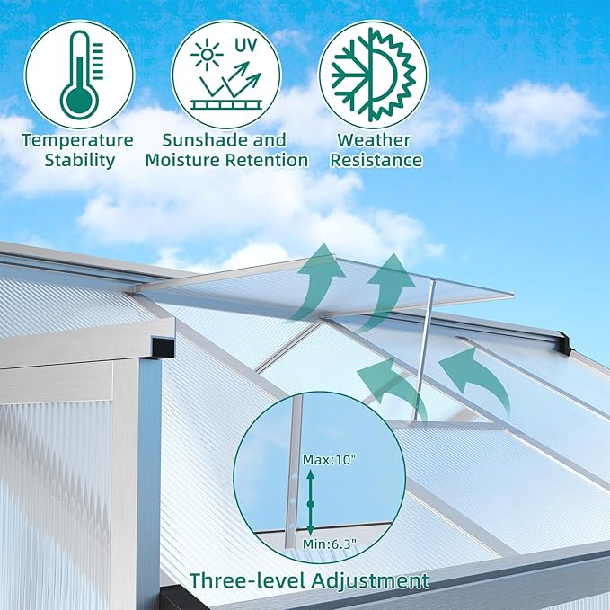 8x12 ft Greenhouse, Aluminum Frame & Polycarbonate Panel Greenhouse for Outdoors, Green House with Adjustable Roof Vent & Lockable Door, Durable Walk-in Green Houses for Backyard, Patio, Lawn
