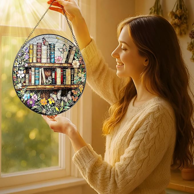 LAOWEIKI 8'' Stained Glass Suncatcher Ornament, Stained Glass Window Hanging, Sun Catchers for Windows Hanging Ornaments, Window Decor | Book Club Gift, Fantasy Book Lover Gift, Reader Gifts