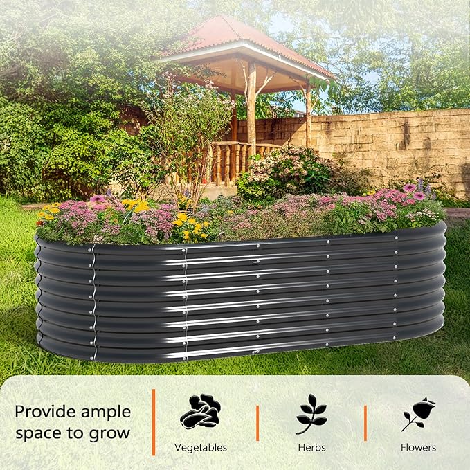 VINGLI 8x4x2ft Galvanized Raised Garden Beds, Oval Planter Boxes Outdoor, Raised Garden Bed for Gardening, Easy Assembly Planter Boxes for Vegetables (Black)