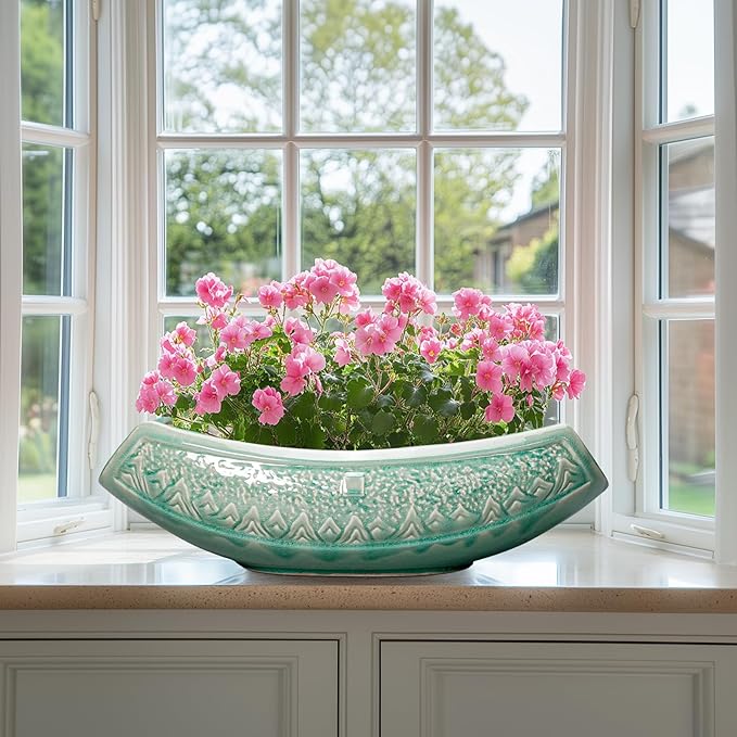 Teagas Bonsai Tree Pot - 18 Inch Ceramic Succulent Pots for Indoor Outdoor, Large Bonsai Planter with Drainage Hole, Ceramic Flower Pot, Decorative Planter, Gifts for Plant Lovers, Room Decor, Green