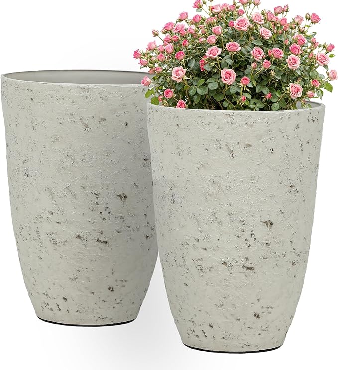 Ultym 19.5"H Resin Tall Planters for Outdoor Indoor Use, 2-Pack Large Flower Pots, Weather-Resistant Plant Container for Garden Yard Porch or Home Décor, Handcrafted Birch Bark Texture, Country White