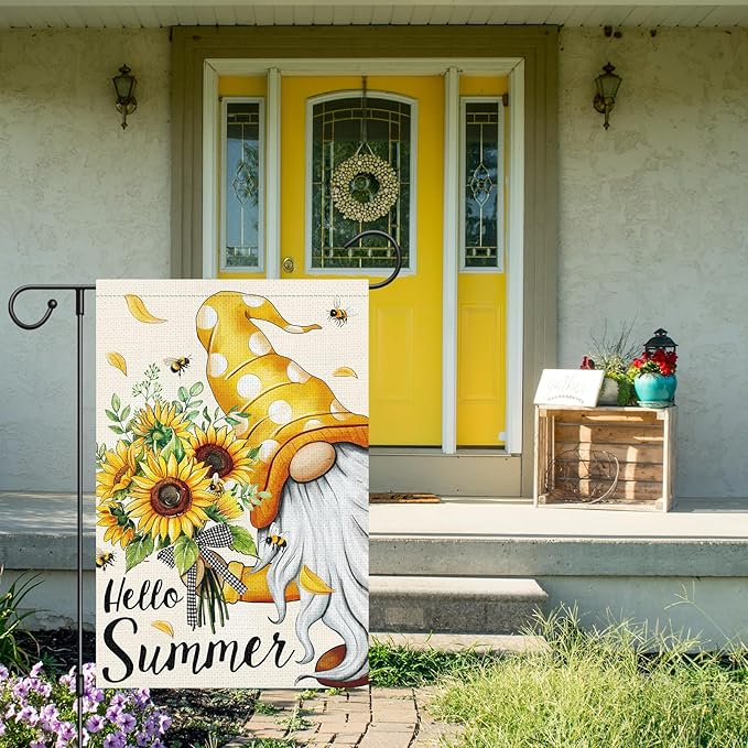 Louise Maelys Welcome Spring Summer Gnome Garden Flag 12x18 Double Sided, Burlap Small Vertical Sunflower Garden Yard Flags for Seasonal Outside Outdoor House Decoration (ONLY FLAG)