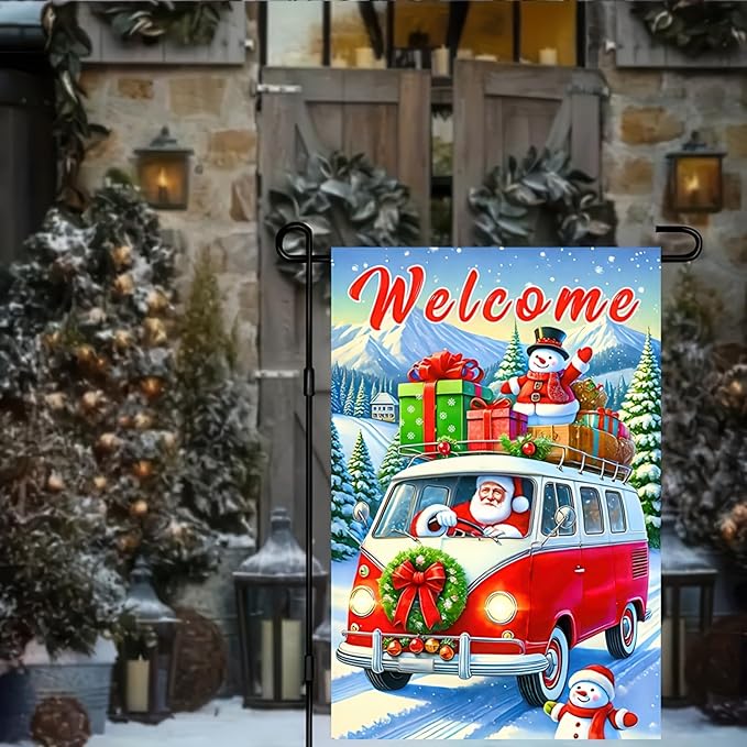 Christmas Welcome Bus Garden Flag 12x18 Inch Double Sided Holiday Santa with Gifts Snowman Small Outdoor Yard Flag Seasonal Welcome Garden Banner for Porch Lawn Patio Christmas Decor