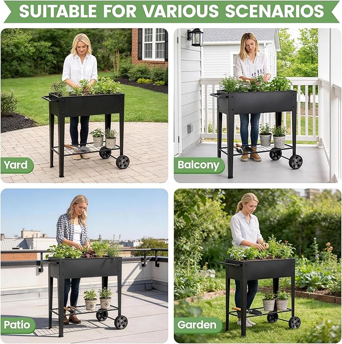 Elevated Raised Garden Bed with Legs- Galvanized Raised Beds for Gardening on Wheels, Anti-Rust Steel Planter Box with Storage Rack& Drain Hole for Backyard Patio Balcony (Black)