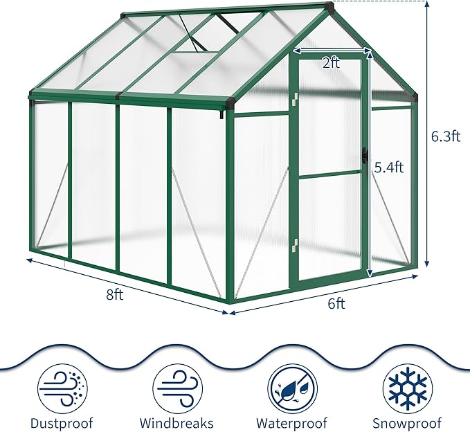 6X8 FT Outdoor Polycarbonate Greenhouse, Sturdy Aluminum Frame, Adjustable Roof Vent, Ideal for Backyard, Patio, or Garden, All-Weather Green House for Growing Plants and Vegetables