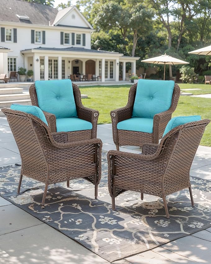 Patio Wicker Chairs Outdoor Furniture Chair - Set of 4 Outside All Weather Lawn Dining Brown Rattan Armchair with High Back&Deep Seating for Deck Porch Balcony Backyard Garden - Turquoise