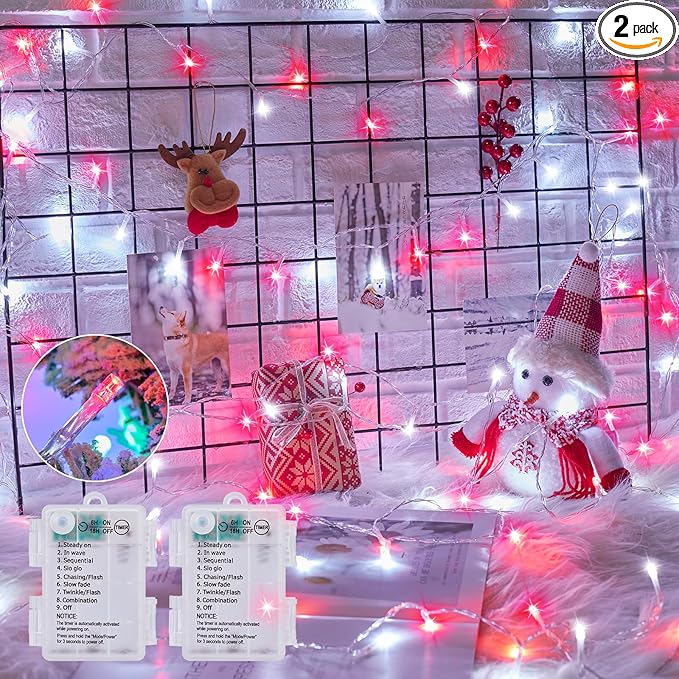 Minetom Christmas String Lights Battery Operated, 2 Pack Total 33FT 100 LED Battery Powered Fairy Lights with Timer, 8 Modes, Waterproof String Lights for Outside Indoor Bedroom Tree, Red & Pure White