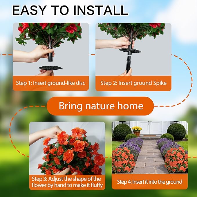 AZXVT Artificial mums for Outdoors, Faux Outdoor Plants Fake Plants Topiary Balls Artificial Outdoor Set of 2 with Ground Spike for Home Front Porch Patio Garden Decor (Orange)
