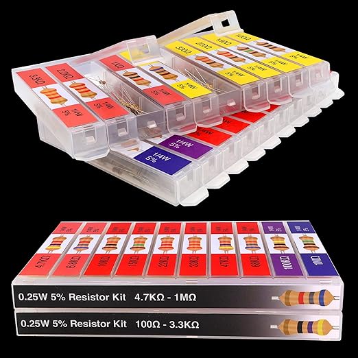 EEEEE 100 Ohm - 1M Ohm with 5% Carbon Resistor Assortment Kit and Electrical Industrial Assorted Set K Ohm Pack for Led Lights (5% 1/4 Watt 1000pcs 100Ω-1MΩ)