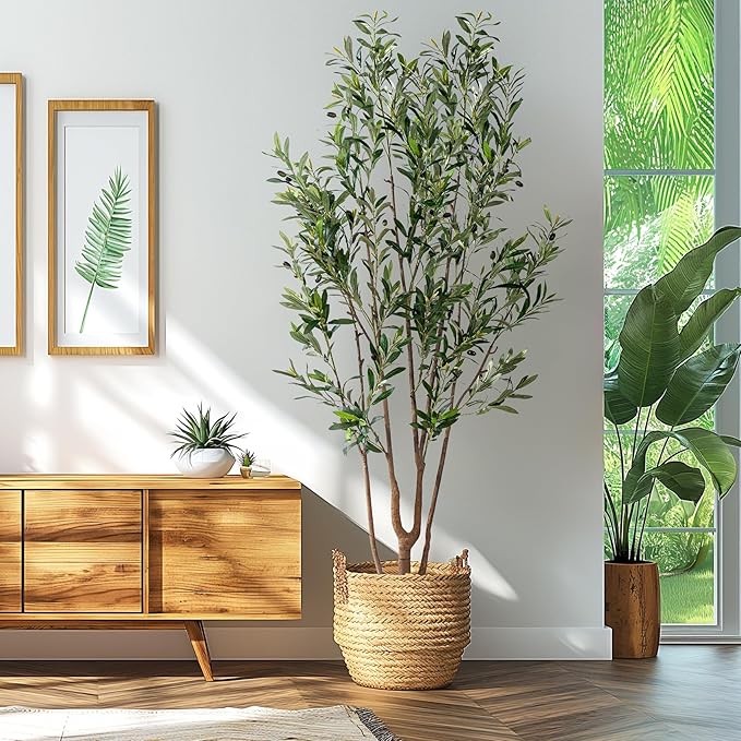 Erimda 7FT Artificial Olive Tree Tall Faux Silk Plant Tall Faux Olive Tree with Natural Wood Trunk & Lifelike Fruits Fake Potted Tree or Home Office Decor