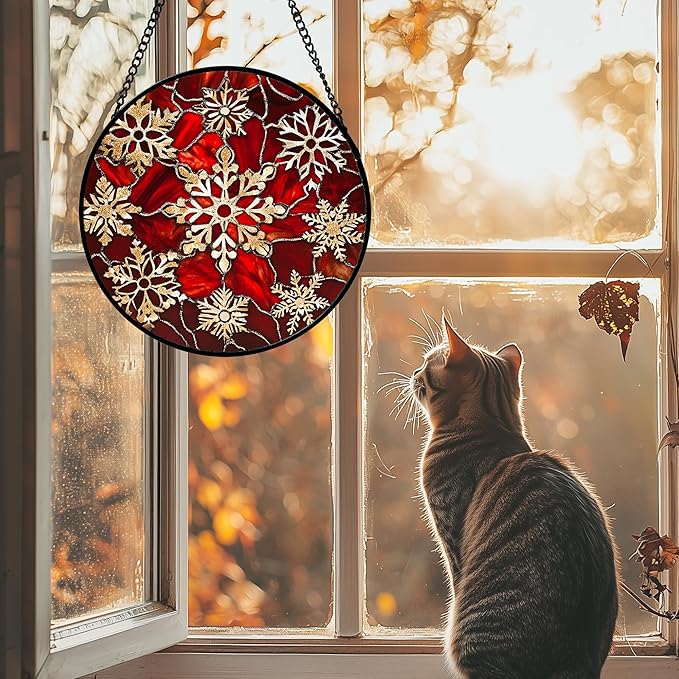 DASTOLL Stained Glass Window Hanging 4 Pcs Set Red Christmas Elk Snowflakes Large 11.8" - Deer Suncatcher Door Garden Sun Catcher Decor Birthday for Mom Woman Nana Men Friend