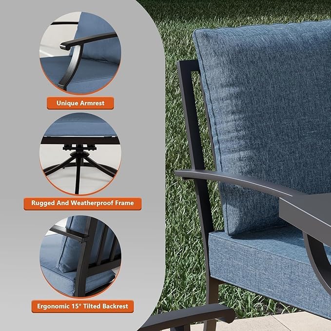 7-Piece Patio Furniture Set, Outdoor Furniture with All-Iron Rectangular Coffee Table and 6 Chairs with Thick Cushions, Metal Patio Table and Chairs Set for lawns, Patios and Backyards,Navy blue