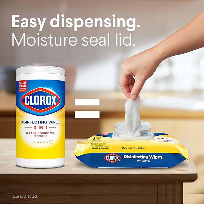 Clorox Disinfecting Wipes, Bleach Free Cleaning, Crisp Lemon, 75 Count (Pack May Vary)