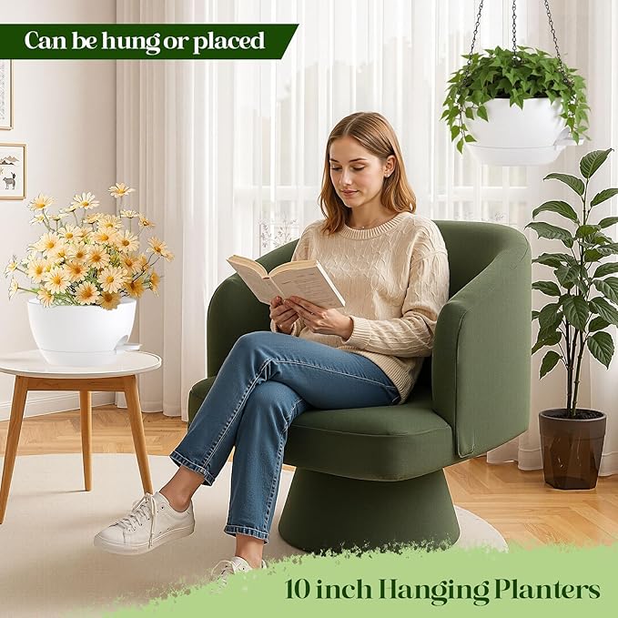 zople 10 Inch Hanging Planters with Chains 2 Pack Self Watering White Plastic Hanging Pots for Indoor Outdoor Plants, Garden Porch Home Decor (White)