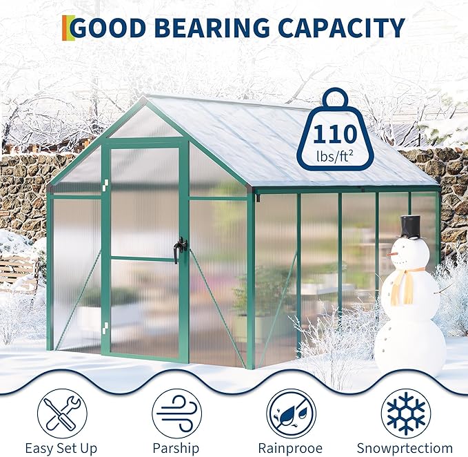 6X10 FT Greenhouse for Outdoors, Polycarbonate Flower Greenhouse with Roof Vent, Push-Pull Lockable Door, Aluminum Walk-in Greenhouses for Outside Garden Backyard, Patio, Lawn, Green