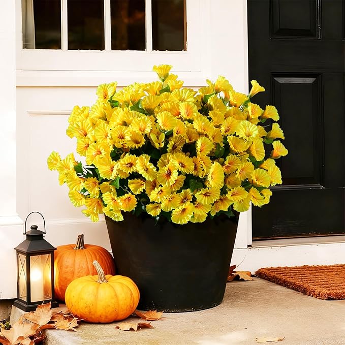 Artificial Morning Glory Flowers Plants for Outdoor 8 Pcs Faux Silk Petunias Flower Realistic Faux Flowers Plants for Outside Planter Porch Yard Patio Balcony Home Indoor Decor (8 Pcs Yellow)