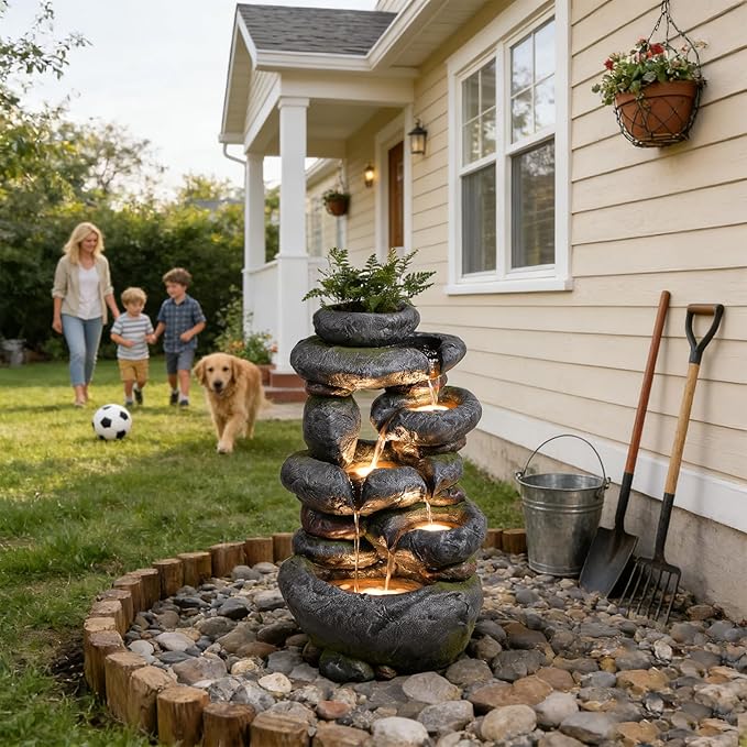 5-Tier Cascading Rock Water Fountain Outdoor, 29.5''Tall Outside Fountains and Waterfalls with Lights for Garden, Patio, Yard, Deck Home Decor with Natural Stone Look