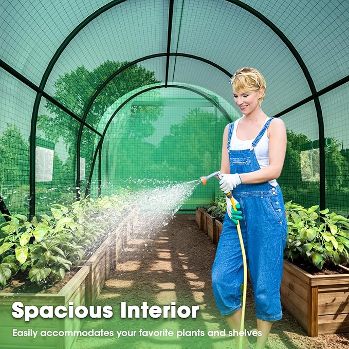 Walk-in Greenhouse, 12x7x7 FT Heavy Duty Tunnel Green House for Outdoors, Portable Green Houses for Outside, Winter Hot House with Metal Frame & Roll-up Zipper Door Screen Windows