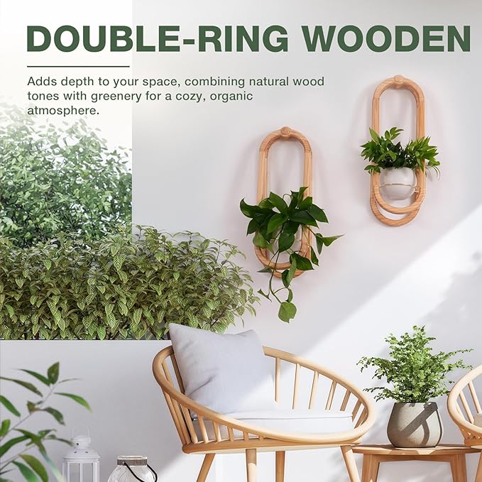 NEKL Wooden Wall Planters for Indoor with Ceramic Pot - Modern Hanging Plant stand Shelf for Indoor Plants, Wall Mounted Plant Holder for Living Room, Bedroom, Wall Decor - Raw Wood Color (Set of 1)
