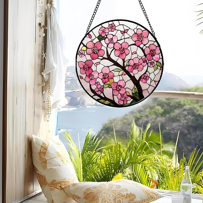 Stained Glass Window Hanging - Cherry Blossoms Birth Flower Suncatcher for Door Garden Patio Sun Catchers Decor Christmas Mother's Day Birthday Gifts for Women Mom Nana Friend Wife 6.3 in