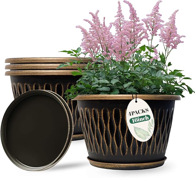 Usocik 4 Pack 16 Inch Retro Plant Pots, Vintage Striped Flower Pots with Drainage Hole & Saucer, Large Plastic Planters for Indoor and Outdoor Plants, Decorative Garden Pots(Gold)
