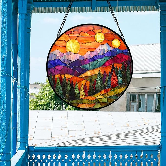 DASTOLL Stained Glass Window Hanging, Sunset Abstract Sun Catchers Colorful Glass Panel Landscape Suncatcher Decor for Birthday for Women, Men, Wife, Aunt, and Mom 14.9x14.9 in