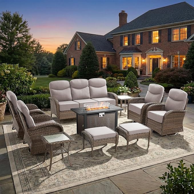 Luxury Patio Furniture Set with Fire Pit Table, Outdoor Furniture Set with High Back Swivel Chairs & 6-inch Thick Cushions, 10 PCS Fire Pit Patio Set for Yard, Deck, Poolside, Brown/Beige