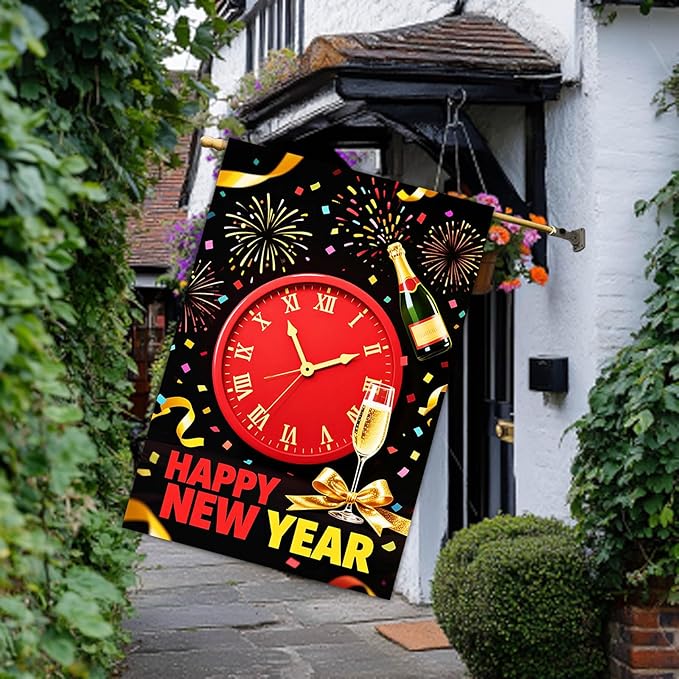 Happy New Year House Flag 28x40 Inch Red Clock Champagne Bottle and Fireworks Garden Flag Colorful Outdoor Yard Decoration Holiday Celebration Banner for Home Porch Lawn
