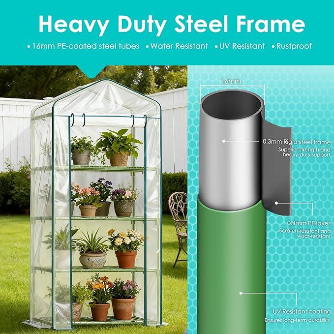 Twira 4-Tier Mini Greenhouse Outdoor, Portable Small Greenhouses for Winter, PE-coated Metal Frame & PVC Cover Green House for Outside Plants, Indoor Greenhouse Women Men Gardening Gifts 2.3x1.6x5.2ft