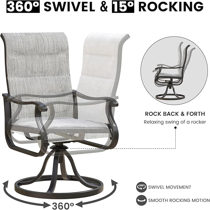 Patio Swivel Chairs Set of 6, Outdoor Dining Chairs with High Back, All-Weather Swivel Rocker Chair for Lawn, Porch or Garden (Padded Grey)