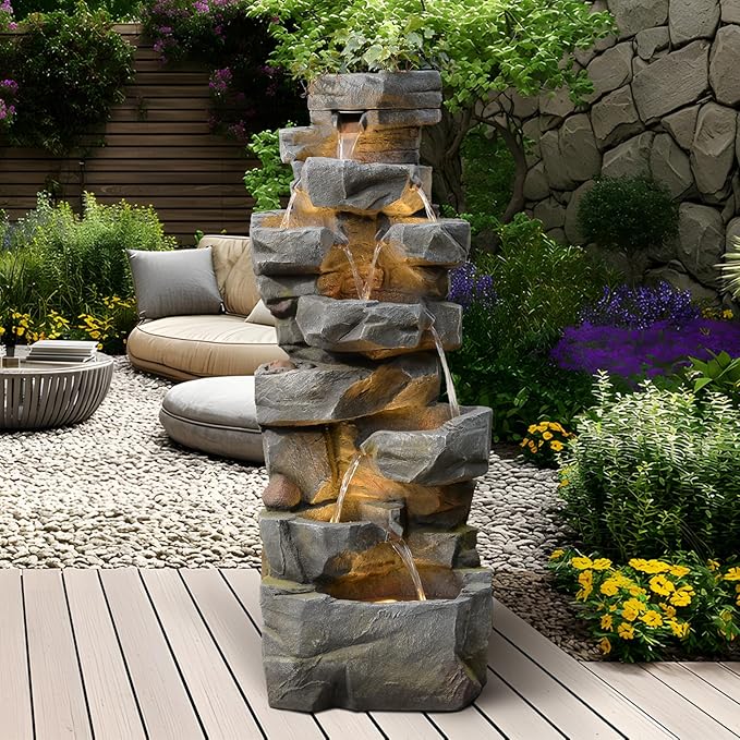 58Inch Outdoor Garden Water Fountain 6 Tiers Large Cascading Rock Natural Waterfall Outdoor Fountain with LED Lights for Patio Porch Backyard Home Art Decor