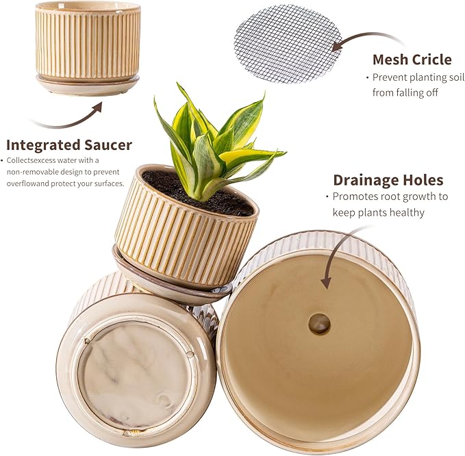 Beige Ceramic Planter Set of 3, Indoor Plant Pots with Drainage Hole, Saucer & Mesh Pads, Ceramic Striped Decorative Plant Pots for Indoor Plants, Garden Pots, Outdoor and Indoors Planters (Beige)