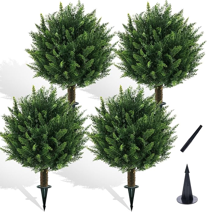 Chillchard 21" Artificial Cypress Topiary Outdoor Plants with Spike, 4 Pack Faux Cedar Bushes UV Resistant Fake Shrubs for Front Porch Décor