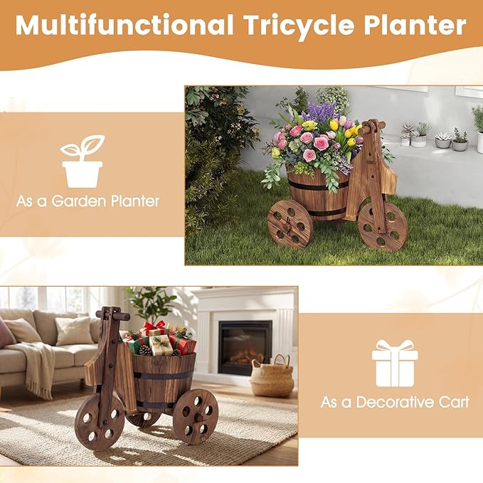 Giantex Wooden Wagon Planter with Wheels, Rustic Wood Plant Stand with 3 Wheels & Drainage Hole for Flowers Herbs Vegetables, Indoor Outdoor Decorative Garden Flower Cart for Patio Backyard (2)