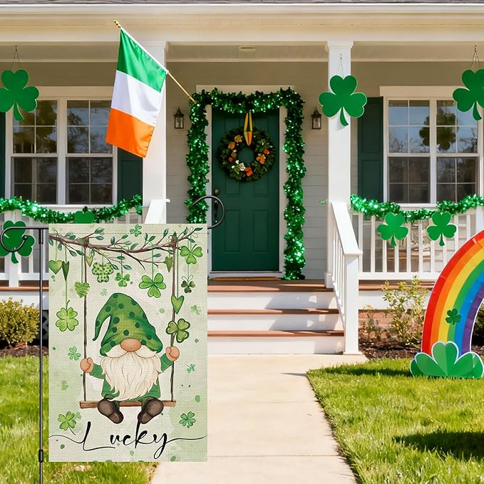 Heyfibro Lucky St. Patrick's Day Garden Flag 12x18 Double Sided Burlap, Gnome with Shamrocks Hanging Swing Yard Banner for Spring Seasonal Irish Holiday Farmhouse Outdoor Decor(ONLY FLAG)