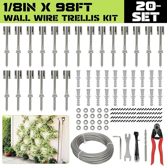 Wire Trellis for Climbing Plants Outdoor, 20-Set Wall Wire Trellis Kit with 1/8" x 98ft Stainless Steel Cable and Cutter, T316 Espalier System for Fence Garden DIY on Brick Concrete Wood Walls