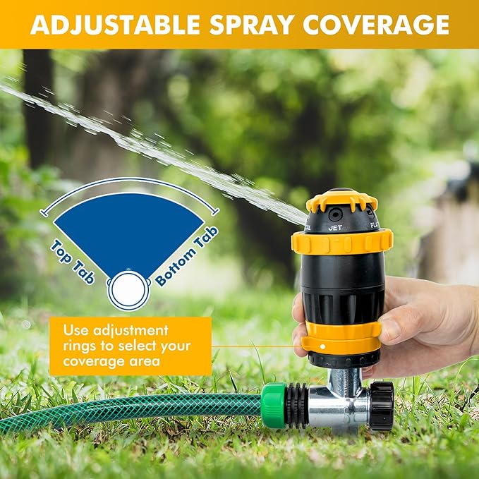 [2 Pack] RESTMO Gear Drive Sprinkler with Metal Spike Base, 5-Pattern Heavy Duty Gardening Watering System, Multi-Adjustable Lawn Sprinkle for Garden Plant, Flower Bed and Large Yard Area, Yellow