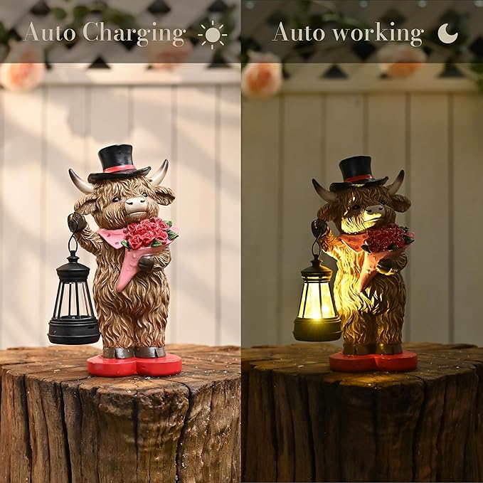 TERESA'S COLLECTIONS 8" Charming Highland Cow Garden Statue with Solar Lantern, Valentine's Day Resin Figurine Holding Roses and Wearing Top Hat, Weatherproof Outdoor Decor for Path Yard Porch