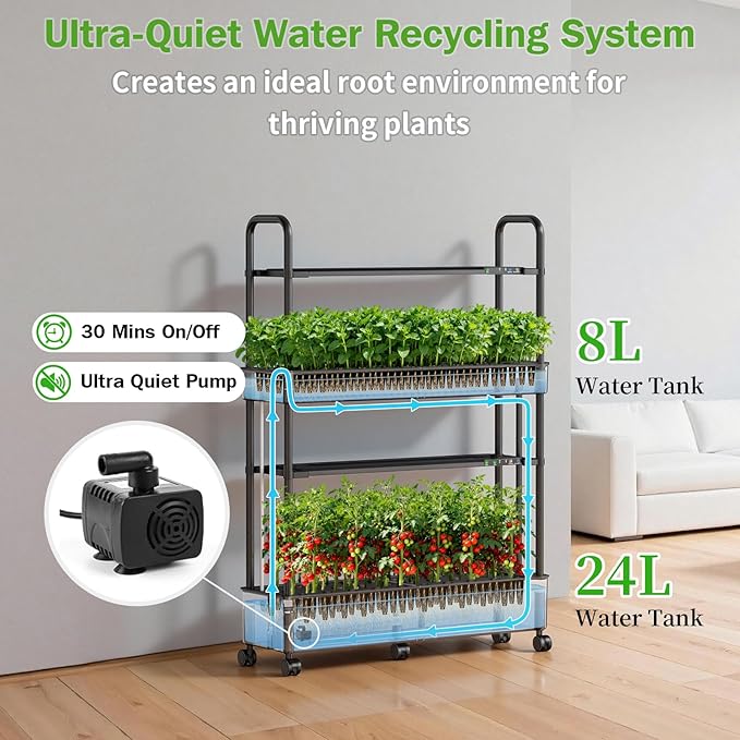 Large Hydroponics Growing System Kit, 60 Pods Vertical Indoor Herb Garden Kit with 2 Light Modes & Auto Circulating Water System, 32L Movable Indoor Gardening System for Herb Vegetable Fruit