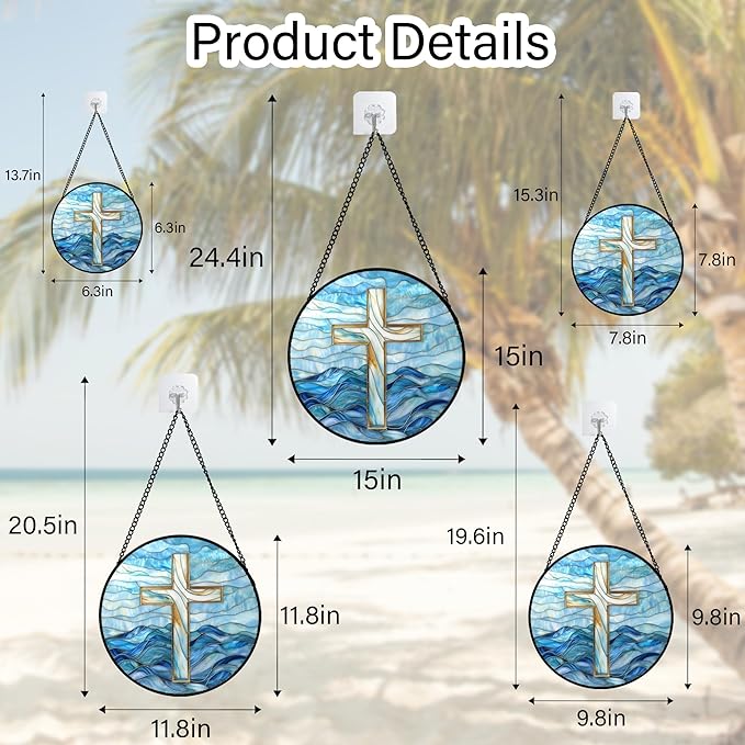 JOSUMALY Christian Gifts for Women - Blue Cross Stained Glass Window Hanging Jesus Easter Ocean Waves Sun Catcher Garden Religion Decor Mother's Day Catholic Gift for Men Grandma Mom Her Nana 11.8"